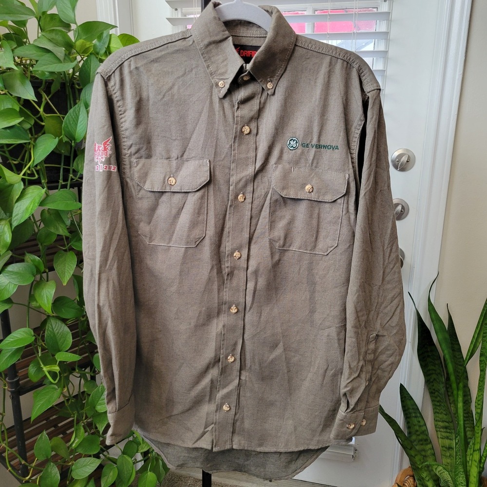 DRIFIRE FR CAT 2 MENS SMALL KHAKI BROWN LONG SLEEVE BUTTON DOWN SHIRT WORK WEAR